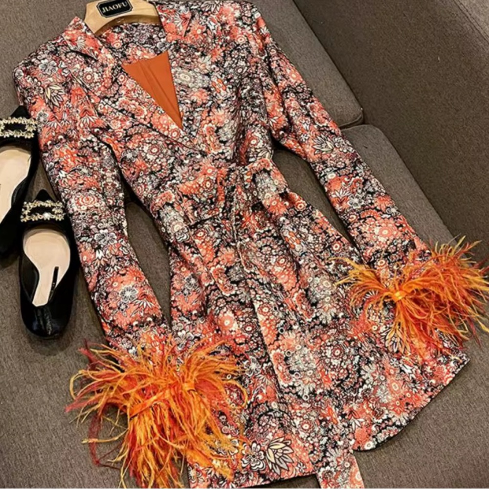 Floral Orange Feather-Cuff Blazer Jacket